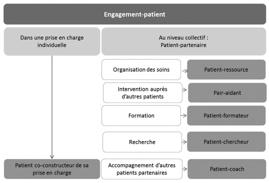 Les principaux concepts et définitions autour de l'engagement patient prennent une orientation individuelle ou collective.
