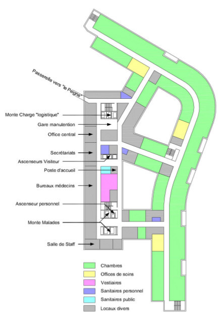 Plan détaillé d'un étage type dans le nouveau bâtiment d'hospitalisation du CH de Troyes