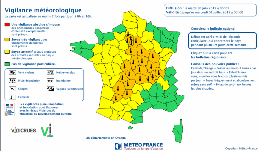Selon Météo France, vingt-six départements sont placés en vigilance orange.