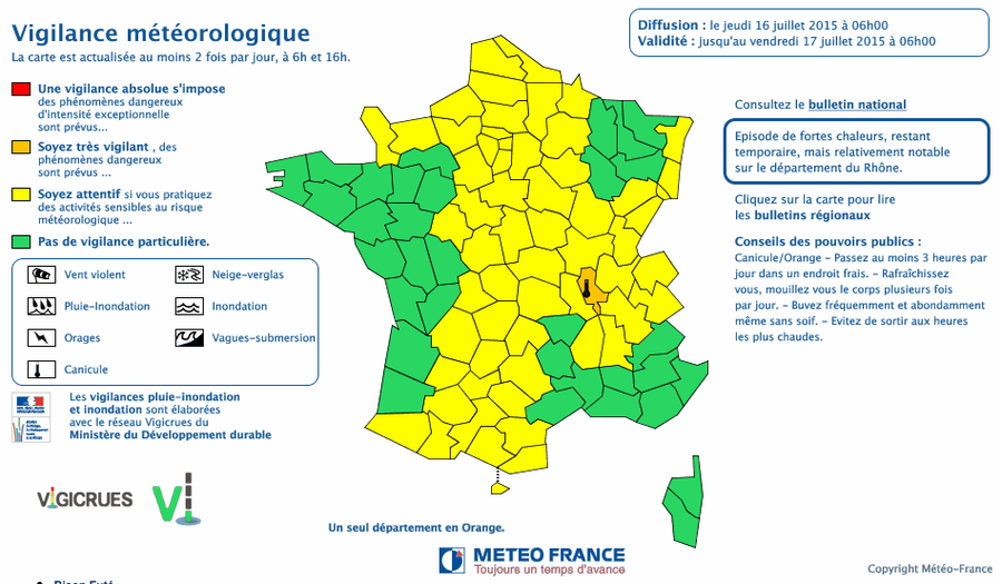 Le 16 juillet au matin, Météo France a placé le département du Rhône en vigilance orange. La fin du phénomène est prévue au plus tôt le vendredi 17 juillet à 21h. Des pics de chaleur à 40°C sont attendues sur le nord de l'Auvergne.