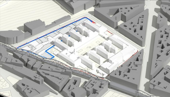 Le plan de masse du nouveau Lariboisière, avec sur la zone ceinturée de bleu, au nord-est du site actuel, l'emplacement du futur édifice de 489 lits.