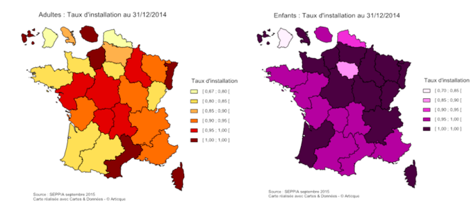 Taux d'installation par région sur le secteur adultes (à gauche) et enfants (à droite). Seules six régions présentent des taux équivalents aux objectifs gouvernementaux pour le secteur adulte, contre seize sur l'enfance.