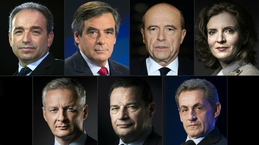 De gauche à droite, en partant du haut : Jean-François Copé, François Fillon, Alain Juppé, Nathalie Kosciusko-Morizet, Bruno Le Maire, Jean-Frédéric Poisson et Nicolas Sarkozy