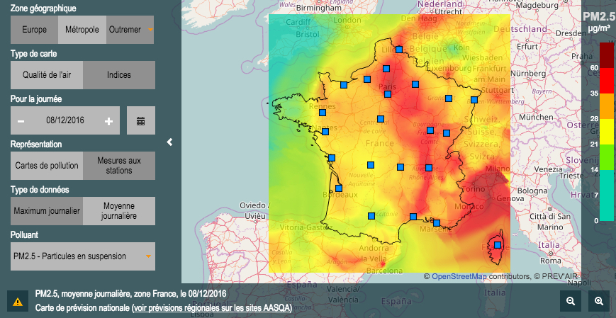 État de la pollution de l'air en France en particules ultrafines PM 2,5 ce 8 décembre