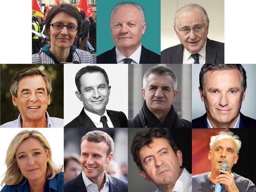 De gauche à droite, en partant du haut : Nathalie Arthaud, François Asselineau, Jacques Cheminade, Nicolas Dupont-Aignan, François Fillon, Benoît Hamon, Jean Lassalle, Marine Le Pen, Emmanuel Macron, Jean-Luc Mélenchon et Philippe Poutou.