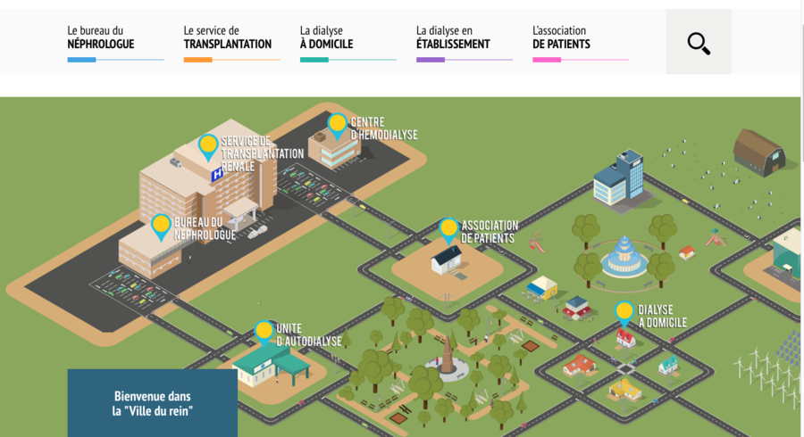 Capture d'écran de La ville du rein, qui propose une découverte du parcours de soins et de vie à travers les différents quartiers d'une ville.