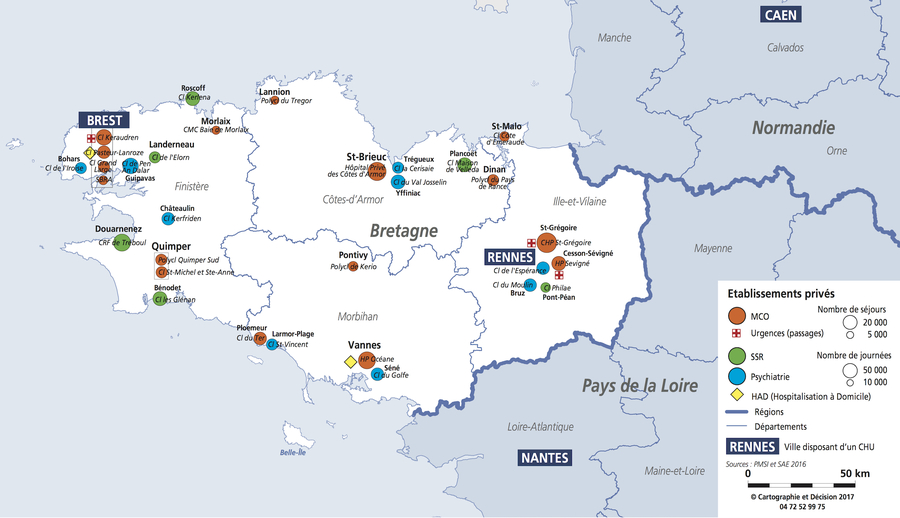 La FHP Bretagne compte 32 établissements aussi bien en MCO que SSR, psychiatrie et HAD.