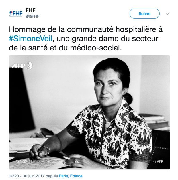 Le tweet de la FHF à l'annonce du décès de Simone Veil