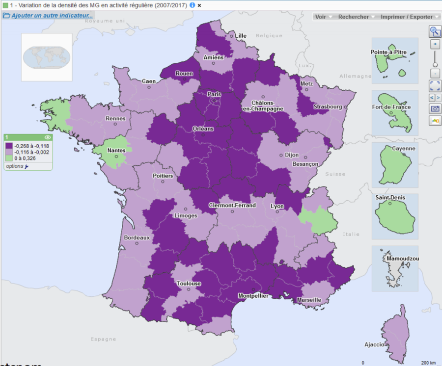 La répartition des effectifs de généralistes.