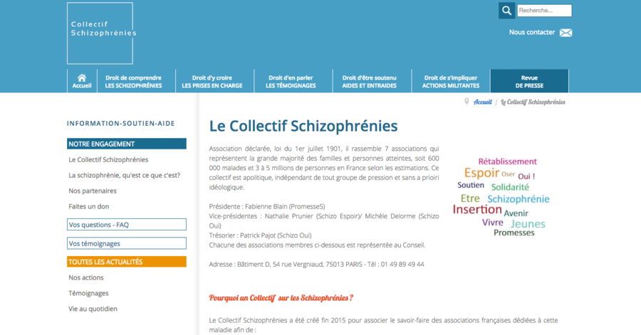 Copie d'écran du portail internet du Collectif Schizophrénies