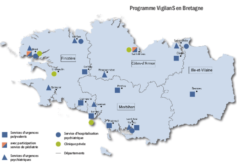 Les établissements qui participent au programme VigilanS en Bretagne.