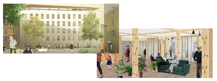 Dans le projet La maison du panier, le positionnement du bâtiment sur la place publique en fait un élément structurant du quartier.