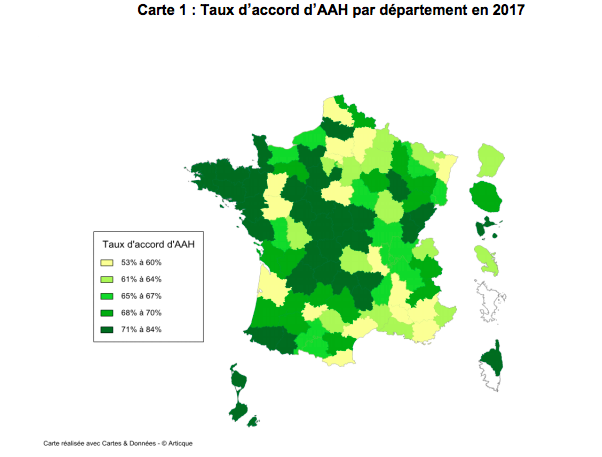 Le taux d'accord AAH varie de 53% por le Val-d'Oise à 84% pourl a Haute-Corse.