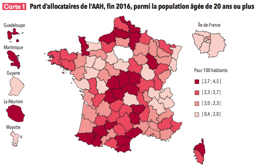 Les bénéficiaires de l'AAH résident davantage dans les départements ruraux ou semi-urbains.