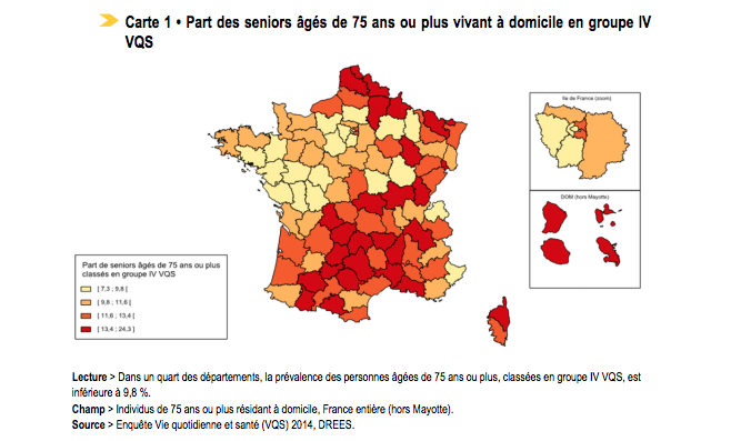 Les données recueillies par la Drees attestent d'un fort niveau d'incapacité sur les départements situés dans le Nord et le Nord‐Est, dans la moitié sud de la France et dans les départements d'outre‐mer.
