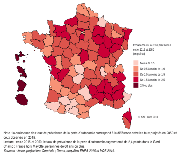 Croissance du taux de prévalence de la perte d'autonomie entre 2015 et 2050. Si la France métropolitaine affiche une augmentation des taux de prévalence comprise entre 0 et 2,4 points, en outre-mer, la perte d'autonomie explosera d'ici à 2050.