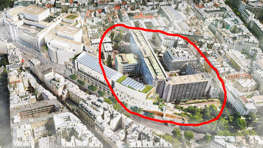 L'hôpital des Quinze-Vingts (cerclé de rouge) craint de se retrouver totalement enclavé derrière l'extension de l'opéra Bastille (ici dessinée avec un toit végétalisé).