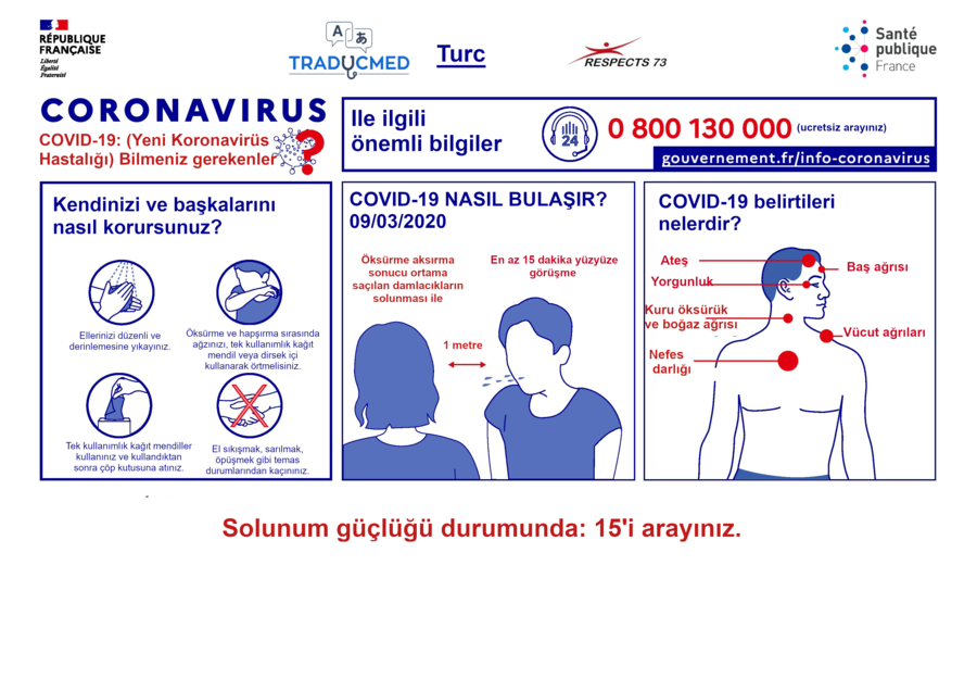 L'application Traducmed propose la traduction en plusieurs langues des affiches dédiées à la lutte contre le Covid-19, ici en turc.
