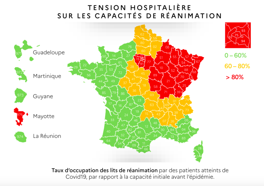 Les tensions sur les services de réanimation restent fortes dans les régions les plus touchées par la maladie Covid-19. (Droits réservés Gouvernement français)