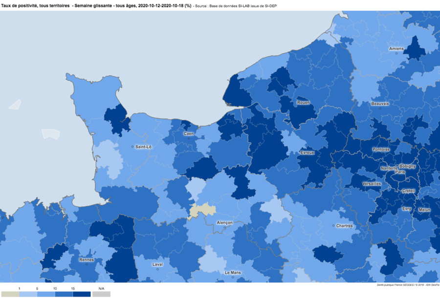 En région Normandie, l'incidence du virus est variable entre les différents territoires, comme le montre ces données de Santé publique France à l'échelle des intercommunalités. (Geodes)