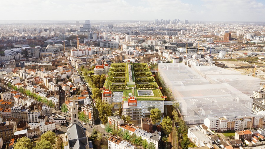 À terme, l'hôpital de Saint-Ouen (en toit végétalisé sur la photo, les nouveaux locaux de l'université de Paris apparaissant en blanc) comptera 1 167 lits et places, soit une augmentation de 18% par rapport aux 989 lits et places initialement prévus au lancement du concours d'architecture à l'été 2019. (AP-HP/RPBW, rendering by Artefactory)