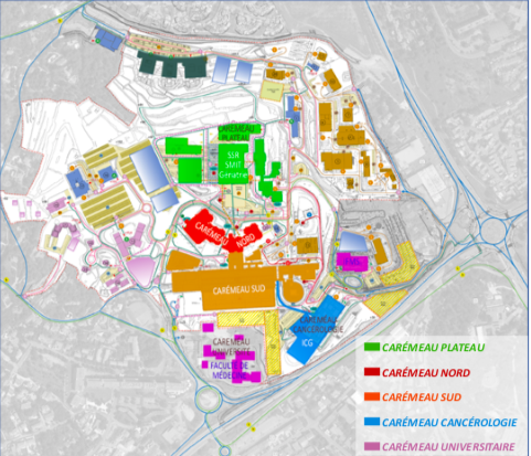 Les opérations prévues au schéma directeur immobilier prévoient des chantiers sur toutes les zones du site Carémeau (plateau, nord, sud, cancérologie, universitaire) (CHU de Nîmes).