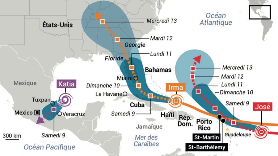 Le 6 septembre 2017, l'ouragan Irma a ravagé les îles de Saint-Martin et de Saint-Barthélemy. Une quinzaine de personnes sont décédées. Au total, 95% du bâti a été endommagé, occasionnant 25 600 sinistres pour un coût total estimé à 1,9 milliard d'euros. (NOAA/Cour des comptes)