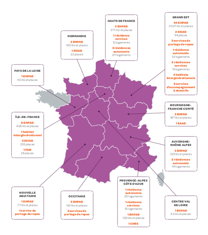 Historiquement implanté dans le Grand-Est, SOS séniors dispose aujourd'hui d'établissements dans toute la France métropolitaine.