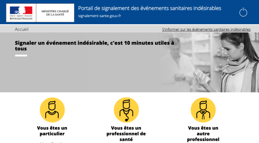 Le portail de signalement des événements sanitaires indésirables "signalement-sante.gouv.fr" est encore sous-utilisé par les professionnels des établissements de santé, selon les résultats de l'enquête Eneis 3. (Capture d'écran de la page d'accueil du portail)