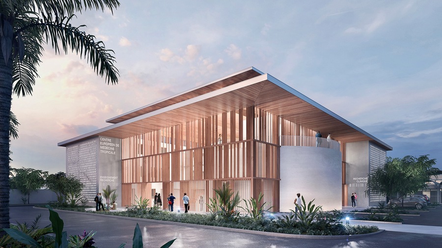 Attendue en 2023, le bâtiment enseignement-recherche du CH de Cayenne s'étalera sur 2 646 m2 en surface de plancher et comptera trois niveaux. (Gaia/CH Cayenne)