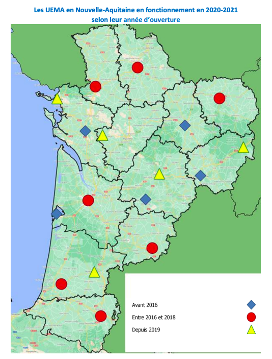 Cinq UEMA étaient déjà installées en Nouvelle-Aquitaine avant la publication du cahier des charges de 2016. (Carte Creai Nouvelle-Aquitaine)