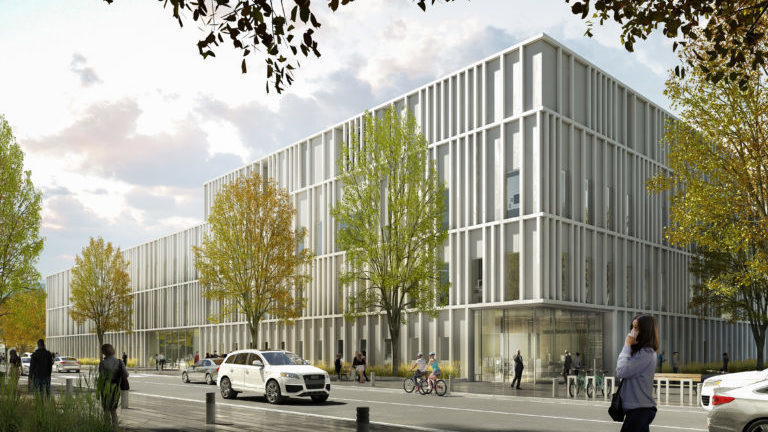 Un parc hospitalier desservira les bâtiments du nouvel hôpital Trousseau du CHU de Tours, avec des pistes cyclables et un arrêt de tramway à proximité. (AIA Architectes)