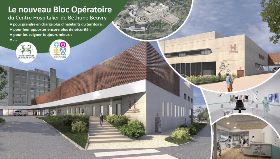 Évaluée à 19 M€, la construction du nouveau bloc opératoire du CH de Béthune doit à terme permettre à l'établissement une majoration de la disponibilité de ses salles de 20%. (CH Béthune)
