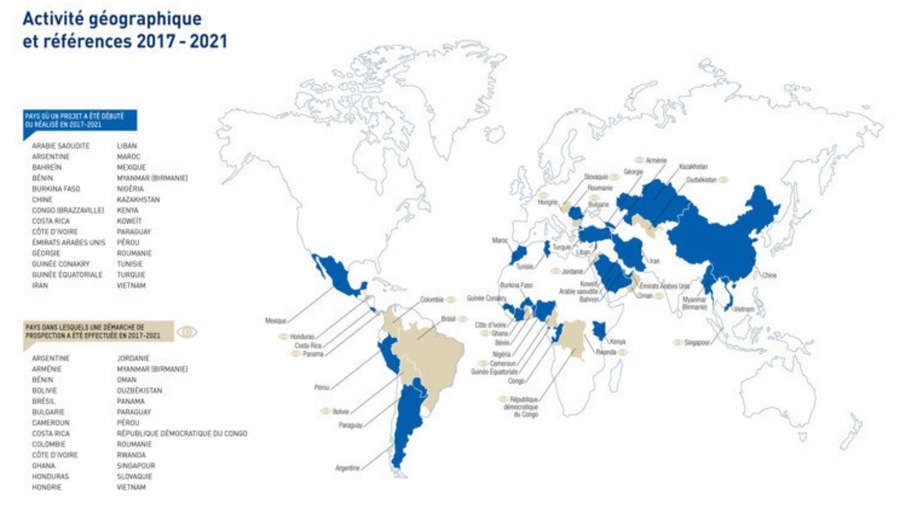 La carte de l'activité géographique de la filiale internationale de l'AP-HP entre 2017 et 2021 témoigne d'une nette concentration sur l'Amérique latine, l'Afrique subsaharienne et l'Asie du Sud-Est. (AP-HP/Cour des comptes)