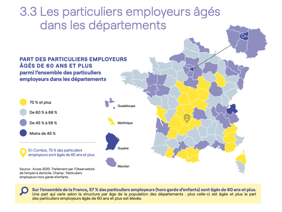 Le rapport montre une répartition hétérogène des particuliers employeurs âgés sur le territoire national. (Observatoire de l'emploi à domicile)