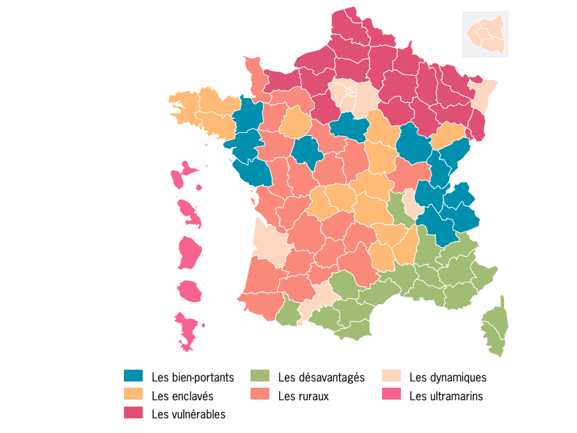 La cartographie départementale
des dépenses et besoins de santé, par l'Institut Montaigne avec Kanopy Med considère sept groupes de population. (Institut Montaigne)