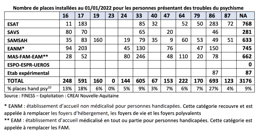 Seuls quatre départements disposent de places dédiées au handicap psychique dans toute la gamme des ESMS. (Creai Nouvelle-Aquitaine)