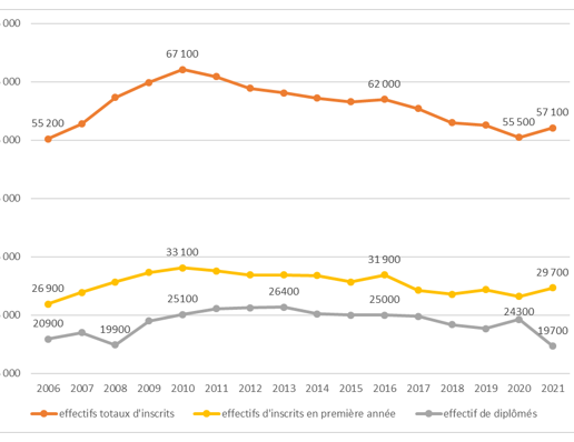 En 2021, les effectifs d'étudiants inscrits augmentent de 3% mais le nombre de diplômés chute de 18%. (Drees)