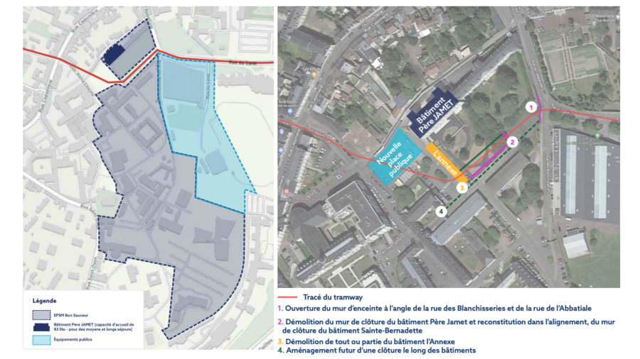 Le tracé B ou C viendrait isoler la partie nord de l'EPSM de Caen. Le projet prévoit aussi la création d'une nouvelle place publique, selon le dossier technique de la concertation. (Communauté urbaine de Caen la mer)