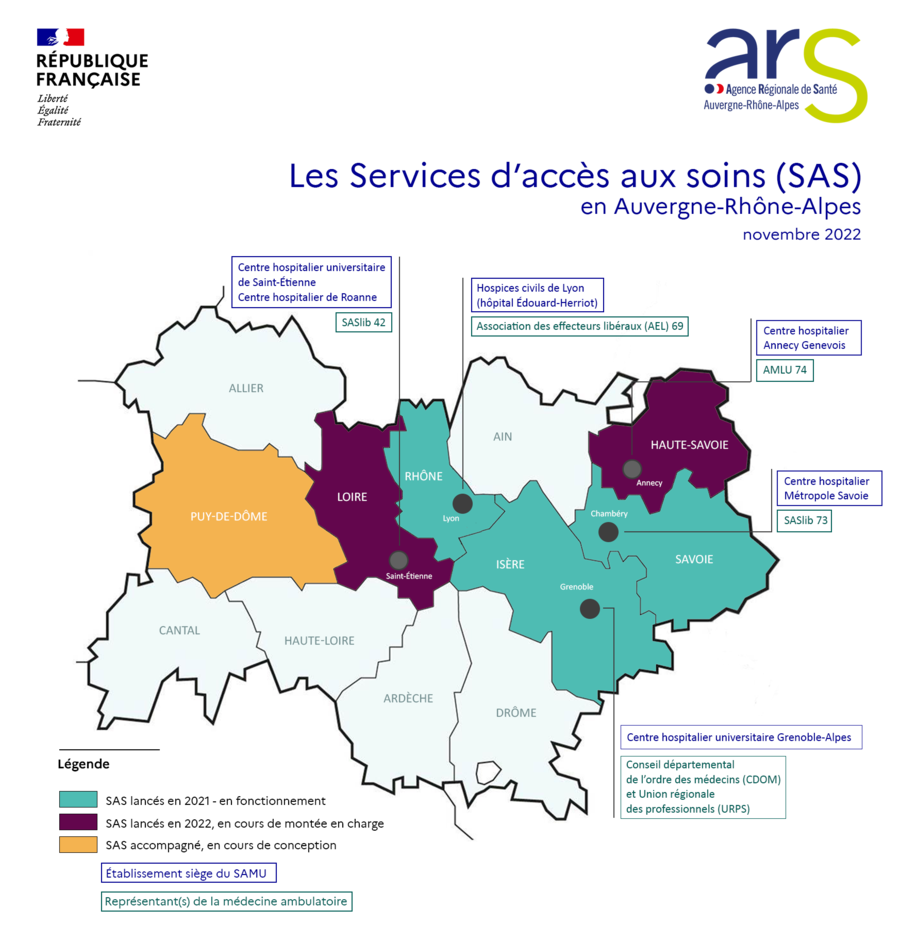 Dans le cadre du premier bilan du Sas dans la région, l'ARS Auvergne-Rhône-Alpes a réalisé une carte reprenant le déploiement de chacun des trois dispositifs. (ARS Auvergne-Rhône-Alpes)