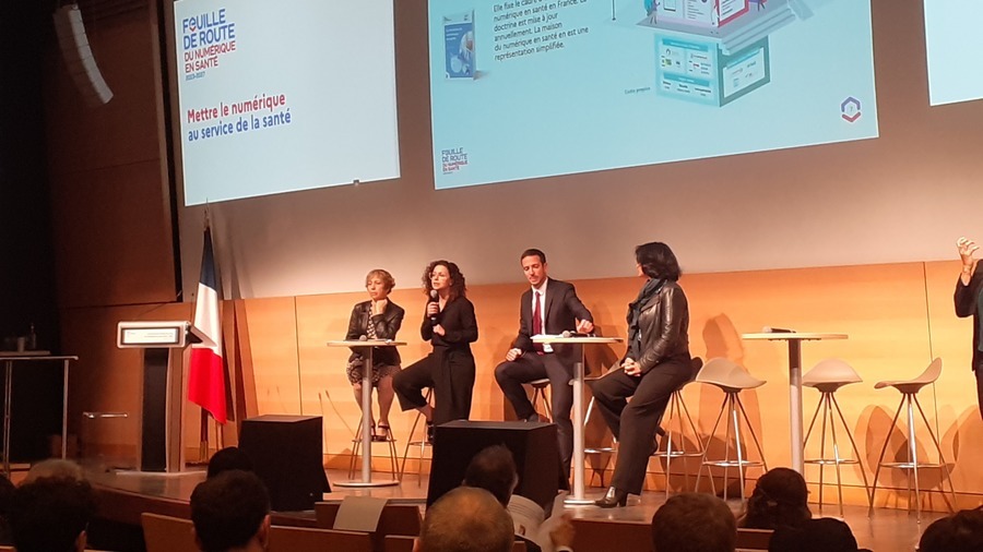 Annie Prévot, Hela Ghariani, Raphaël Beaufret et Annika Dinis présentent les objectifs de la feuille de route du numérique en santé 2023-2027. (Marie Sénéchal/Hospimedia).
