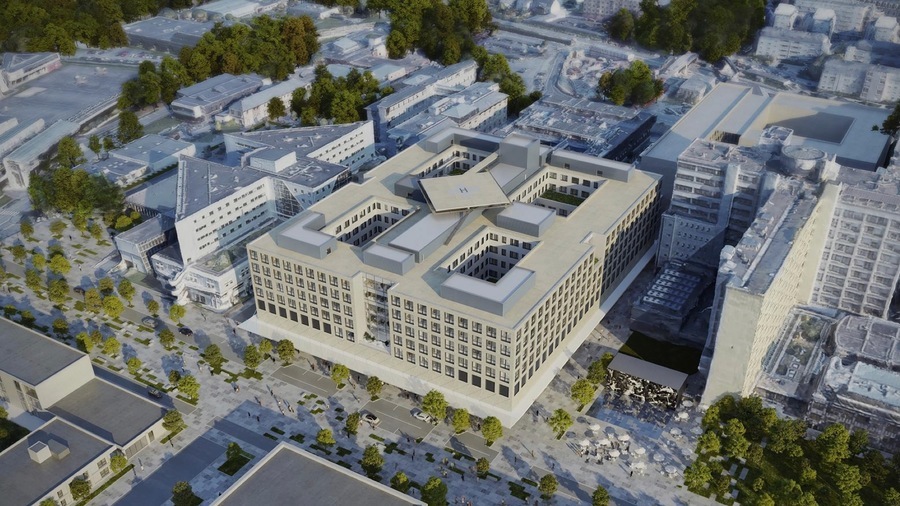 En cours de construction, le futur centre chirurgical et interventionnel sera le "cœur chaud" du nouveau CHU de Rennes. Il affiche un design atemporel à la fois classique et résolument contemporain. (CHU Rennes)