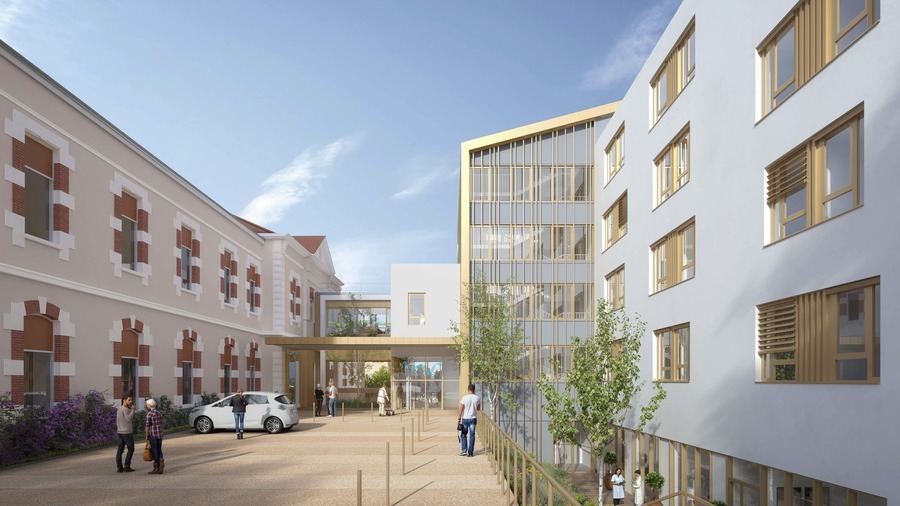 La construction du nouveau bâtiment de gériatrie sur le site de l'hôpital Bellevue du CHU de Saint-Étienne commence en novembre en vue d'une livraison en mars 2025. (AIAlifedesigners)