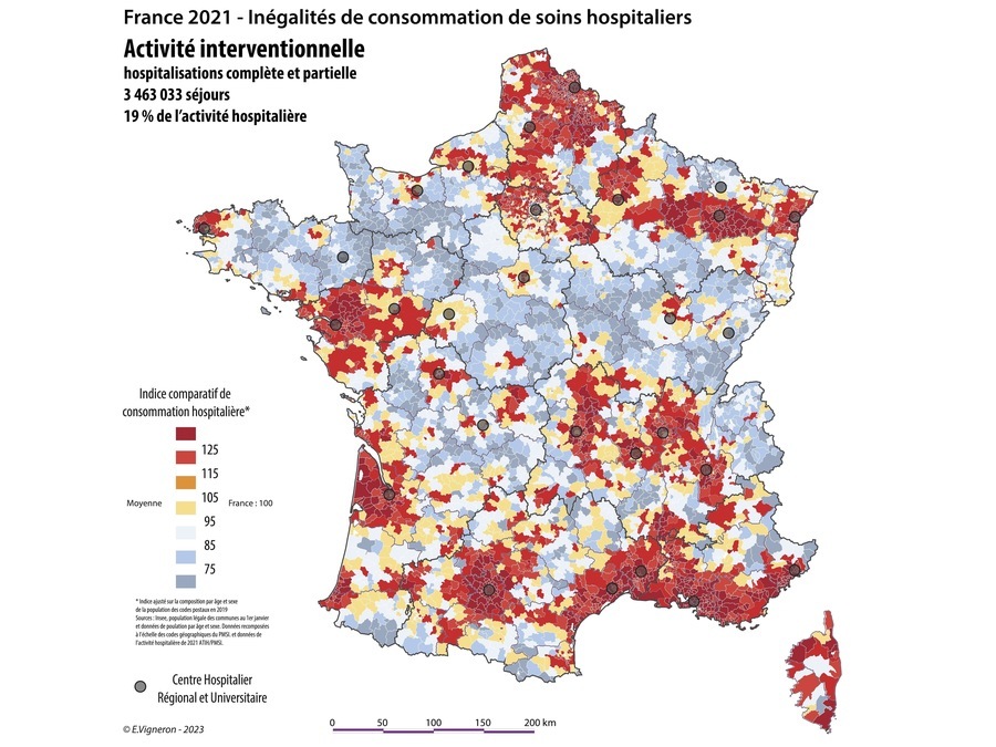 C'est pour l'activité interventionnelle que le gradient rural-urbain est le plus prononcé, avec une identification précise des couloirs d'accès aux grands sites hospitaliers publics et privés. (Association des maires ruraux de France/Emmanuel Vigneron)