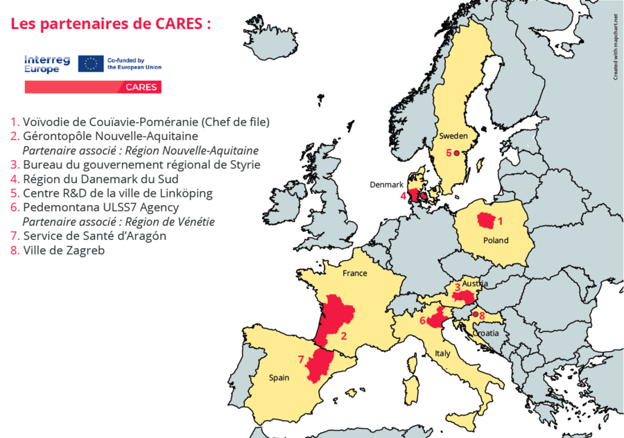 Huit villes ou régions européennes sont impliquées dans le projet Cares. (Gérontopôle Nouvelle-Aquitaine)