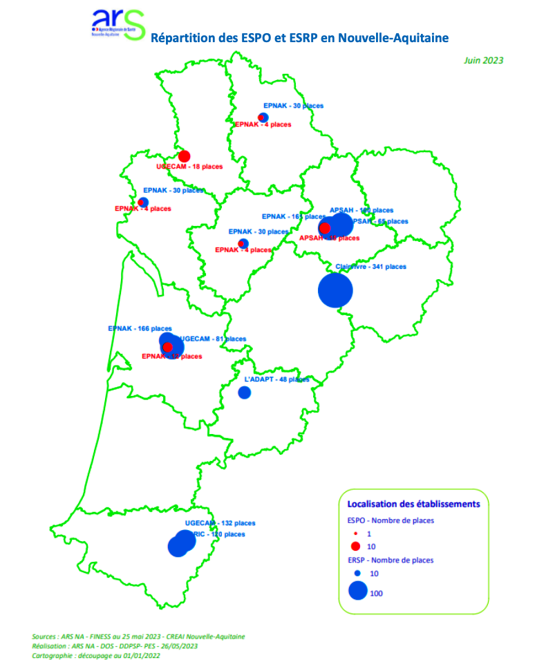 Les trois départements dépourvus ont toutefois accès aux ESRP dans les départements limitrophes. (Infographie ARS Nouvelle-Aquitaine)