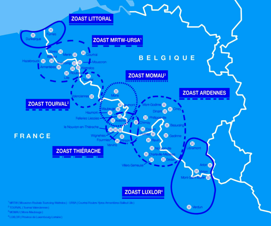 Les 7 Zoast couvrent aujourd'hui la majorité du territoire frontalier.  (infographie observatoire franco-belge de la santé)
