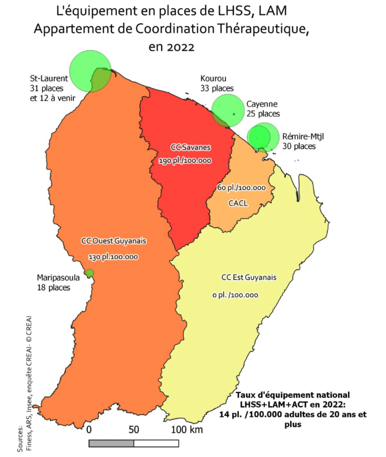 Avec Kourou, le territoire des savanes est le mieux doté alors que l'est de la collectivité territoriale est dépourvu de structures. (Creai Guyane)