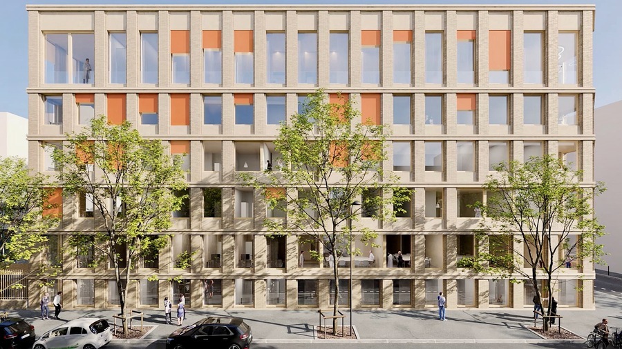 Associant brique et béton et de teinte ocre clair, le nouvel édifice dessiné par le cabinet d'architecture A+ Samuel-Delmas se propose de "domestiquer le bâtiment à l'échelle du patient". (A+ Samuel-Delmas)