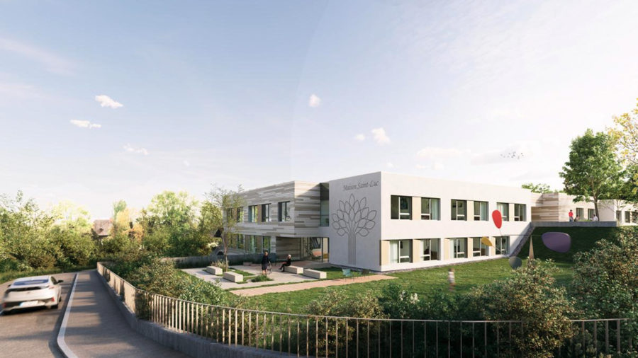 Installé dans l'enceinte du parc du centre hospitalier Sainte-Catherine de Saverne, le nouvel Ehpad profite de son environnement verdoyant. (GKG architectes)